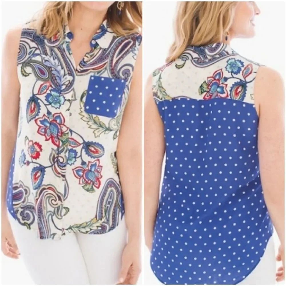🔺️Chico's Blue Polka Dot & Paisley Print Sleeveless Top Small